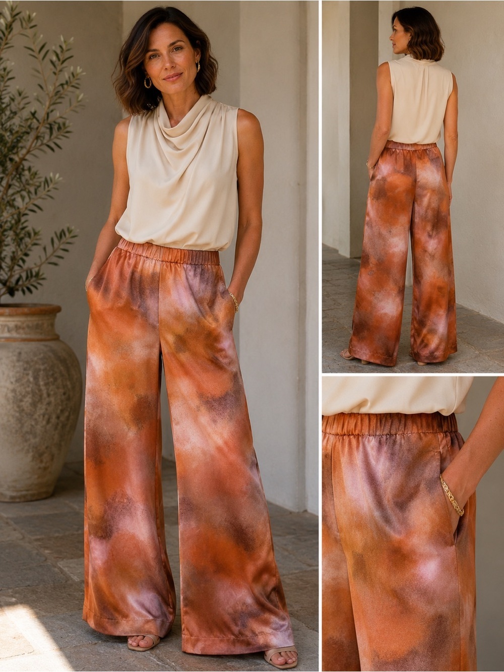 Lafayette 148  Riverside Silk
Satin Wide Leg Pants Red Ochre Multi Size M NWT - Picture 2 of 8